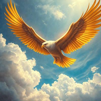 Primary subject: A bird, specifically a bald eagle, flying in the sky.

Setting/background: The bird is flying through a cloudy sky, with a sunny background.

Visual style: The image is a digital art or illustration, featuring a detailed and vibrant bird.

Colors and mood: The dominant colors are yellow, white, and blue, creating a warm and sunny atmosphere.
